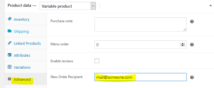 Image of setting recipient of shop order email